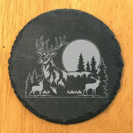 Rustic Gray Slate Coasters Set of 8 - Bull Elk Forest Design with Moon & Mystical Sky, Perfect for Holidays, Birthdays, Housewarming Gifts - Round 4" with Natural Edges & Rubber Feet - Made in USA