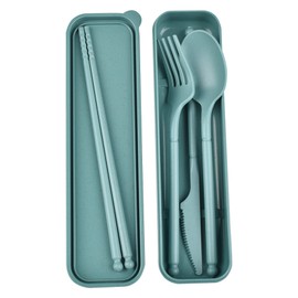 Camping Utensil Set, Reusable Utensils Set with Case, Plastic Cutlery Set Forks Spoon Tableware Chopsticks, Portable Cutlery Set for Travel Picnic Camping or Daily Use (Dark Green)