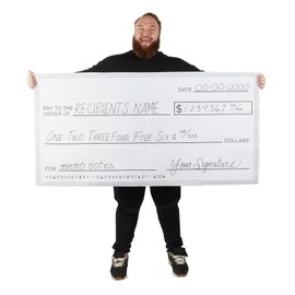Blue Panda Giant Custom Check - 60 x 30 in, Blue, 1 Count - Big Blank for Presentations & Fundraisers - Gag Gift & Prize Winner Display - Includes Non-Erasable Black Marker