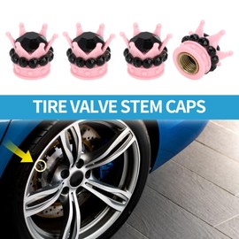 A ABSOPRO Tire Valve Stem Caps 12.8x15.8MM Car Wheel Valve Cap ABS Pink Black Faux Crystal Crown Style for Car Bike Motorcycle Truck Anti Crash Tyre Valve Stem Cover Valve Dust Cap 4 Pcs