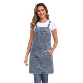 Beitiny Denim Apron with Pockets, Cross Back Apron for Men Women, Jean Work Aprons for Hairstylist Barber Grilling Gardening, Adjustable S to L