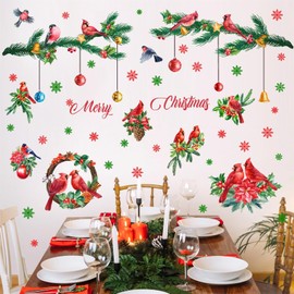 Merry Christmas Wall Decals Cardinal Bird Stickers Hanging Pine Tree Branch Wall Decals Peel and Stick Christmas Window Sticker Snowflakes Xmas Vinyl Decals for Living Room Party Supplies Winter Decor