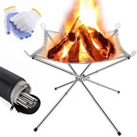 Portable Fire Pit Folding Camping Fire Pit - Stainless Steel Foldable Mesh Fire Pit Outdoor Fire Pit with Carrying Bag and Gloves, 42cm Collapsible Bonfire Firepit Set for Garden Picnic Barbecue