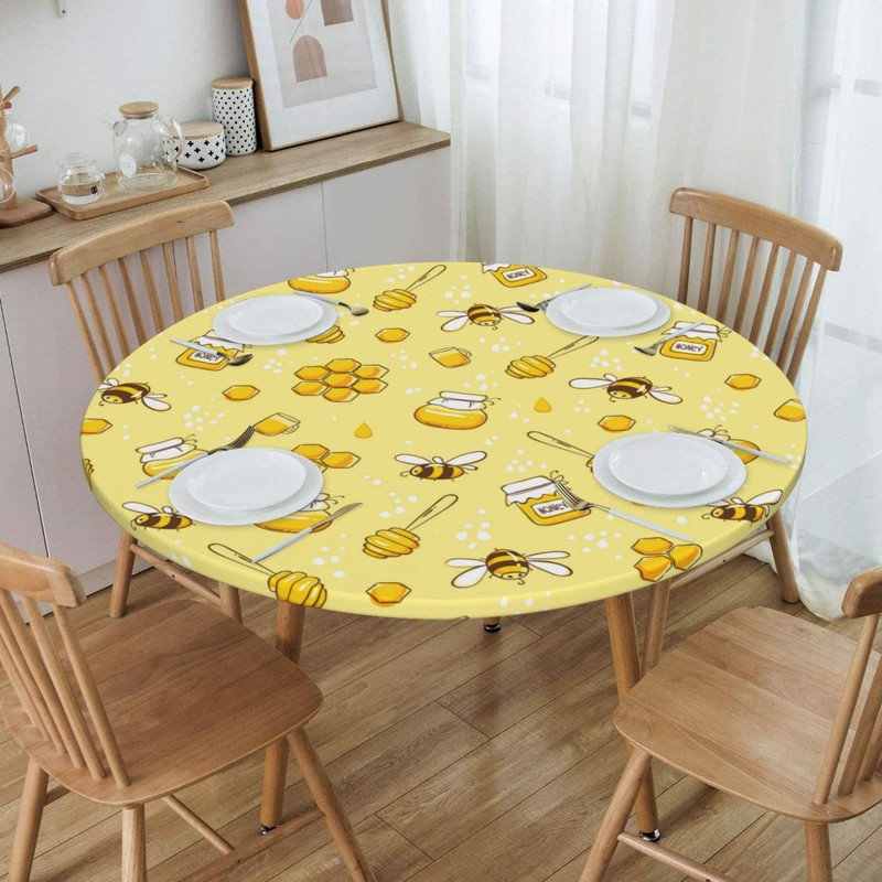 Famame Cute Bees and Honey Fitted Round Tablecloth Waterproof Table