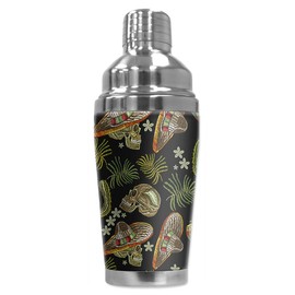 Mugzie 16 Ounce Stainless Steel Cocktail Shaker/Martini Shaker with Wetsuit Cover - Skulls & Cactus Toss II