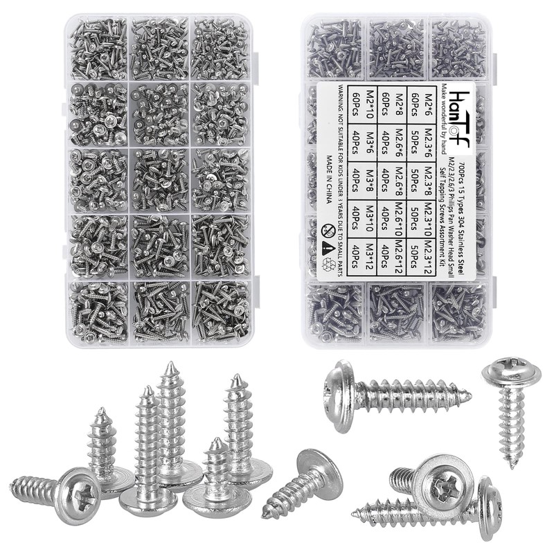 HanTof 700Pcs Tiny Phillips Pan Head with Washer Self Tapping