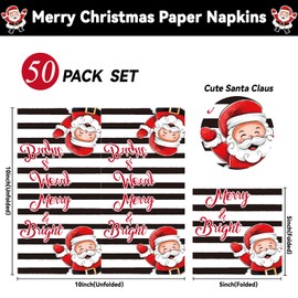 50PCS Merry Christmas Paper Napkins Cute Santa Claus Pattern Napkins Supplies Stripes Merry Bright Napkins Supplies Xmas Theme Party Paper Napkins for Winter Holiday Dinner Wedding Party Favors