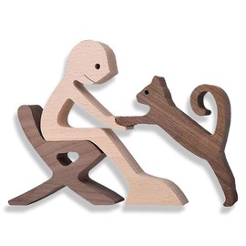 YAPKOLV Wooden Cat Figurines Hand Carved Wooden Cat Human Sculpture Statue Handmade Accent Craft Wooden Ornament Standing Table Decoration Ornament for Home Decoration