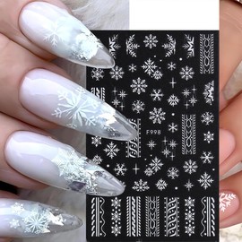8 Sheets Christmas Snowflake Nail Art Stickers - Gold & White Snowflakes 3D Self-Adhesive Winter Holiday Nail Decals for Women & Girls