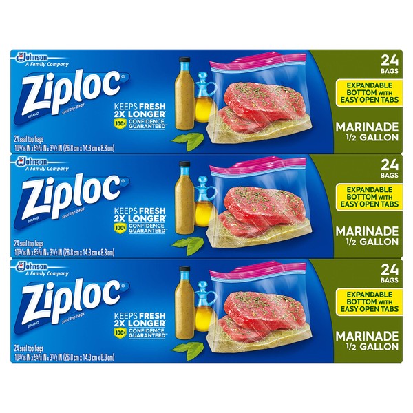 Ziploc Half Gallon Marinade Food Storage Bags for Meal Prep, Grip 'n Seal Technology for Easier Grip, Open, and Close, 24 Count, Pack of 3 (72 total Bags)