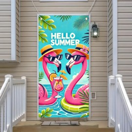 BlissYard Hello Summer Door Cover Flamingo Door Banner Aloha Hawaiian Tropical Flamingo Photo Background Front Porch Banner Decor Seasonal Beach Party Backdrop 71 x 35 Inch