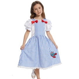 Kids Girls Wizard Costume Fancy Dress Plaid Print Puff Sleeves Gingham Dress (13-14 Years) Blue White
