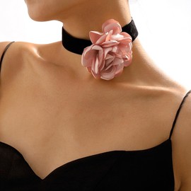 Zeshimb Boho Black Velvet Choker With 3D Pink Rose Flower - Satin Floral Collar Necklace - Exaggerated Large Flower Cosplay Jewelry Gifts for Women