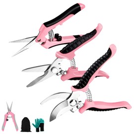 3+1 Packs Garden Pruning Shears Stainless Steel Blades Handheld Pruners Set with Gardening Gloves(Pink)