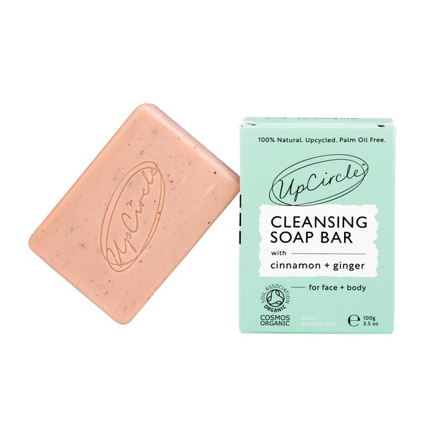 UpCircle Cinnamon + Ginger Chai Soap Bar 100g - Certified Organic Vegan Cleanser For Face And Body - French Pink Clay + Glycerin Reducing Redness + Irritation - Natural, Cruelty-Free + Palm Oil Free