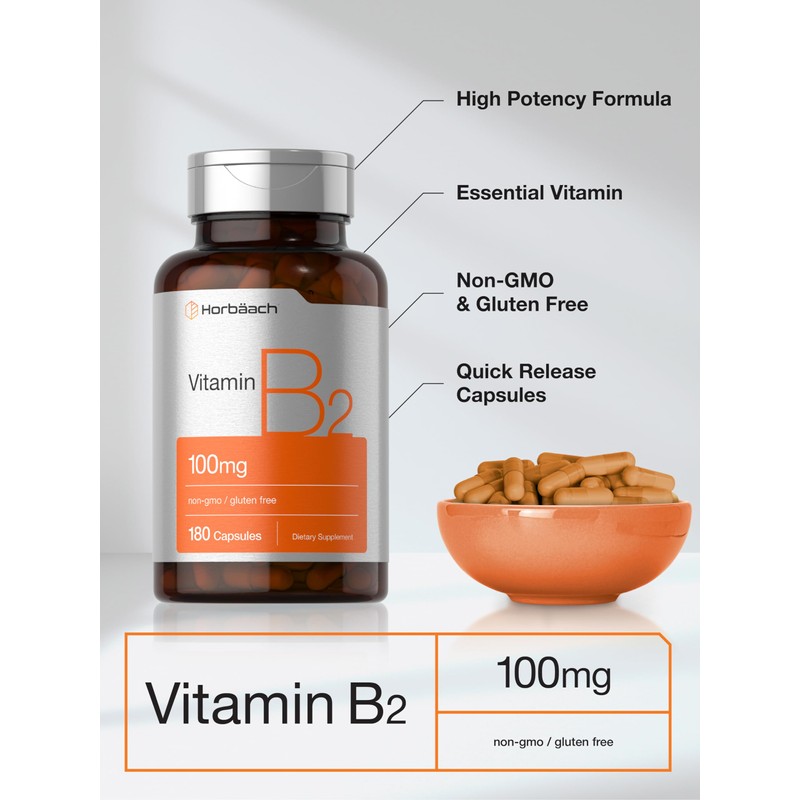 Horbäach Vitamin B2 100mg | 180 Capsules | Riboflavin Supplement
