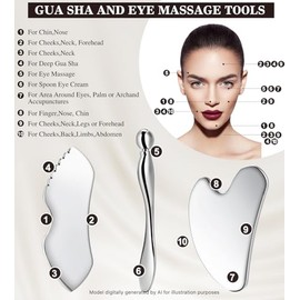 Gua Sha Facial Tools, 3 in 1 Stainless Steel Metal Guasha & Eye Cream Applicator Facial Sculpting Tool Set Eye Massager Lymphatic Drainage for Face Ne