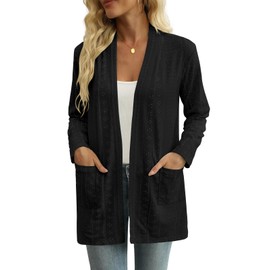Yincro Women's Lightweight Open Front Cardigan Casual Long Sleeve Loose Cardigans with Pockets (Black, L)
