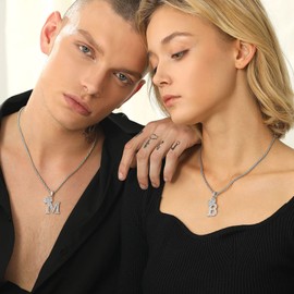 U7 Cubic Zirconia Initial M Letter Necklace for Men Crown Pendant Stainless Steel Chain Mens Hip Hop Necklaces Platinum Silver