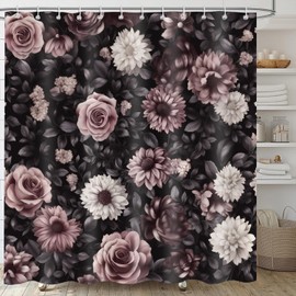 Black Floral Shower Curtain for Bathroom, Boho Dark Rose Blossom Flower Gothic Vintage Leaves Spring Wildflower Bathroom Decor Set, Waterproof Polyester Fabric Bath Curtain with Hooks 72x72 Inch