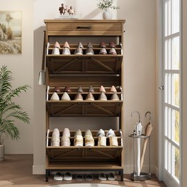 Algglobuy Narrow Shoe Storage Cabinet for Entryway, Freestanding Slim Hidden Storage Organizer with 3 Flip Drawers & Top Slide Drawers, Brown