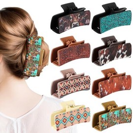 8 Pcs Western Hair Claw Clips Gifts Leather Highland Cow Print Large Accessories for Women Long Short Hairstyle Christmas Present(Highland) - Pattern Name: Western