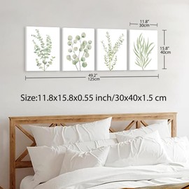 Erctoo Botanical Wall Art for Bathroom, Framed Canvas Wall Art for Bedroom 12”x16” Sage Green Plant Office Wall Decor, Light Green Boho Eucalyptus Leaf Sets of 4PCS