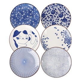 KitchenTour Large Ceramic Dinner Plates, 10 Inch Salad Plates Set of 6, Serving Plates for Dessert, Pasta, Appetizer, Dishwasher and Microwave Safe, Vintage Blue