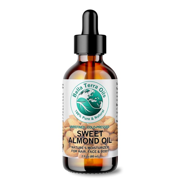Bella Terra Oils - Sweet Almond Oil 2oz - Cold-Pressed, Enriched with Vitamins A, E, and B, Oleic and Linoleic Fatty Acids, Luxurious Elixir for Skin