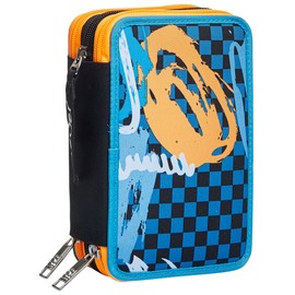 SJ GANG Pencil Case, Multicolor Pencil Case for Stationery, Pencil Case with Pens, Ballpoint Pens, & More, Kids, Girls & Boys, Primary School, 3 Compartments; SJ Pattern Black, Black/Steel Grey,