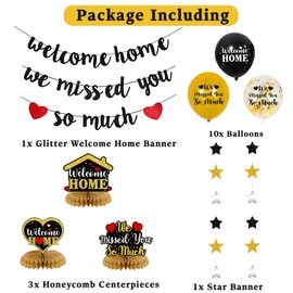 Roetyce Welcome Home Decorations, Black Gold We Missed You So Much Banner Balloons Honeycomb Centerpieces Kit Men Women, Welcome Back Party Supplies Backdrop for Family Military Army