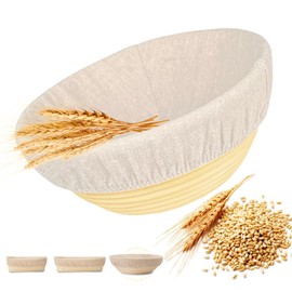 DeJivsin Proofing Basket, Round 23 cm, Proofing Basket for Bread Baking, Natural Rattan, Bread Basket with Washable Linen Insert for Professional and Domestic Bakers, Bread Baking