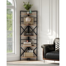 CHOEZON 5-Tier Corner Shelf, Large Corner Shelving Unit, Freestanding Storage Stand for Bedroom, Living Room, Kitchen, Industrial Engineered Wood Bookshelf Organizer, Rustic Brown and Black TCJ15BF