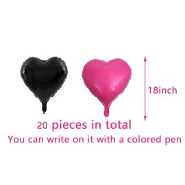AnnoDeel 20pcs Pink Black Heart Mylar Balloons,18inch Hot Pink Heart and Black Heart Foil Balloons for Birthday Decoration Wedding Baby Shower Engagement Decoration Hot Pink Party Supplies