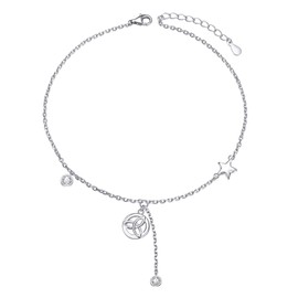 Flyow Women's 925 Sterling Silver Anklet, Evil Eye & Hamsa Hand Adjustable Anklet, 23 / 25 / 28 cm, Ankle Jewellery, Birthday Gift, Silver