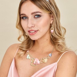 Flyonce Enamel Irregular Triangle Bohemian Boho Costume Jewelry Sets for Women, Fashion Statement Pendent Necklace Earring Set Holiday Gifts for Lady Multicolor Gold-Tone