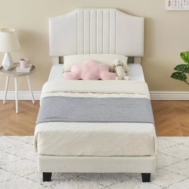 Jojoka Twin Size Bed Frame with Upholstered Headboard Wooden Platform for Boys Girls