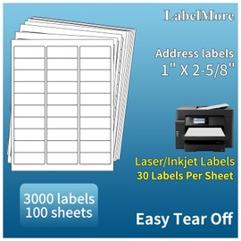 1" X 2-5/8" Address Labels 30 Per Sheet Sticker Paper for Laser and Inkjet Printers, 8.5"×11" White- 3000 Labels