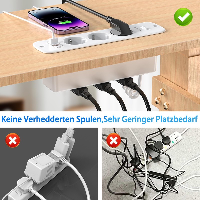Retractable Socket 6 Compartments, Built-in Power Strip with 4 USB,