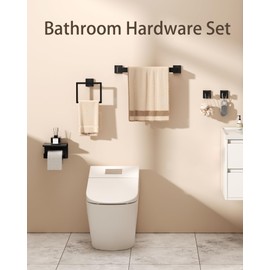 Matte Black Bathroom Hardware Set, Square Towel Bar Set with 2x16 Towel Bars, 2 Towel Rings, 2 TP Holders, 4 Robe Hooks - 304 Stainless Steel Modern Bath Organizer