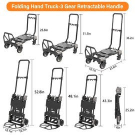 2-in-1 Folding Hand Truck, 330LBS Capacity Heavy Duty Dolly with Retractable Handle, 4 Wheels and 2 Wheels Convertible Dolly Cart, Utility Luggage Cart with 2 Elastic Ropes (Grey, Without Basket)