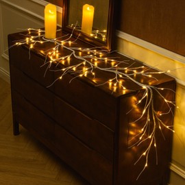 CAMANTU White Birch Garland with Lights 6ft 72LED, Battery Operated Twig Vine with Timer, Lighted Birch Tree for Walls Home Mantle Decoration Indoor Outdoor