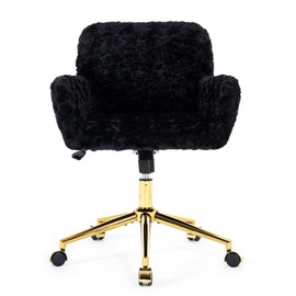 Shenyon Black Office Chair Faux Fur Vanity Chair, Comfortable Home Office Desk Chairs with Wheels and Arms, Swivel Wide Office Chair Makeup Chair Height Adjustable for Office, Study, Bedroom, Black