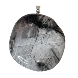 KRIO 1 x Großes Versteinertes Holz Scheibenstein IOV250321 Therapiestein als Anhänger mit Silberöse - Größe L Steinlänge 40 bis 46mm, Dicke 9 bis 10mm (Versteinertes Holz 1)