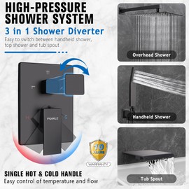 PGKKLE 12 Inch Rainfall Shower System with Tub Spout Wall Mounted Complete Combo with Solid Brass Pressure Balancing Valve, High Pressure Shower Head, Handle Set & Installation Accessories Matte Black