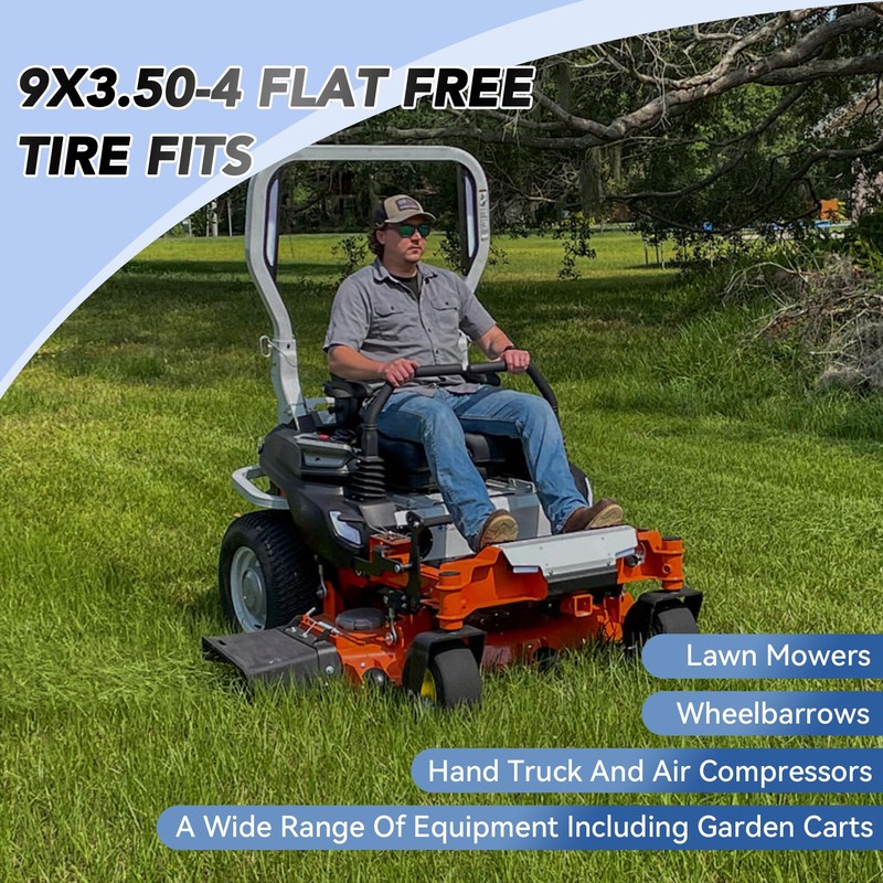 9x3.50-4 Flat-Free Lawn Mower Tire, Heavy-Duty PU Solid Tires with