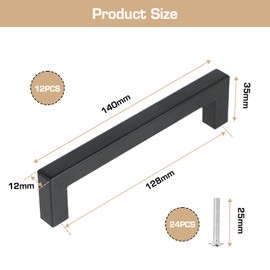 Flearitzo Pack of 12 Furniture Handles, 128 mm, Hole Spacing, Kitchen Handles, Cabinet Handles, Drawer Handles, Furniture Handles, Kitchen Square Handles, Stainless Steel, Black