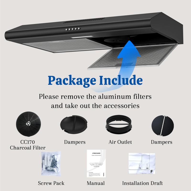 FIREGAS Black Under Cabinet Range Hood 30 Inch, Ducted/Ductless Convertible