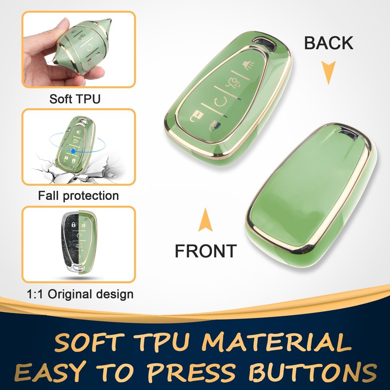 QBUC for Chevy Key Fob Cover with Keychain(Gold Trim Green)