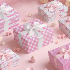 Hidaily 14Pcs Pink Bow Wrapping Paper Set, 12 Sheets Pink Bow Gift Wrap Paper with 2Pcs Ribbon, Folded Flat Craft Paper for Valentine Wedding Bachelorette Party Favor Supplies (19.7 x 27.6 Inch)